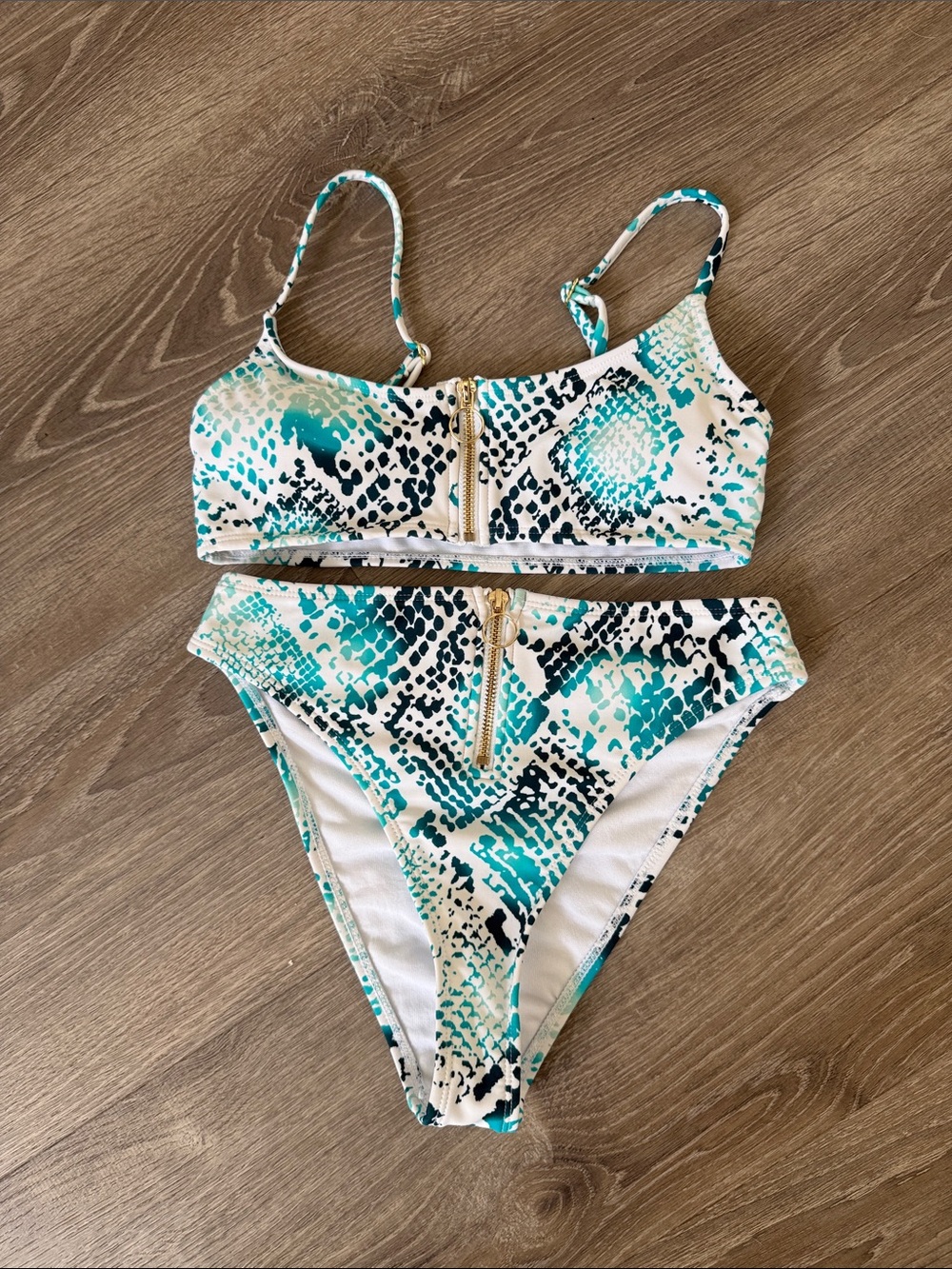Forever 21 Snake-Print Two-Piece Bikini with Gold Zippers